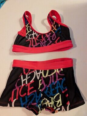 Girls' Black & Pink Beach Print Swim Set - Tankini Top and Swim Shorts Sz 7-8